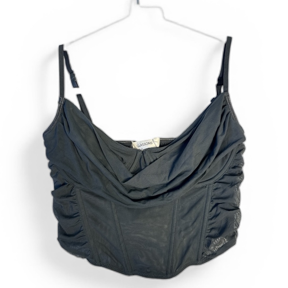 Glassons Gray Mesh Corset Top Ruched Cami Size L